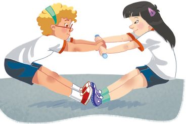 Imagem: Ilustração. Duas meninas, vestindo camiseta branca e bermuda azul, estão de frente uma para a outra com os pés unidos, pernas esticadas e as duas seguram um bastão que está entre elas.  Fim da imagem.