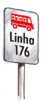Imagem: Ilustração. Placa com o desenho de um ônibus e a informação: LINHA 176.  Fim da imagem.