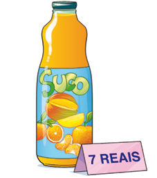 Imagem: Ilustração. Uma garrafa de suco de laranja. Ao lado, uma placa com a informação: 7 reais. Fim da imagem.