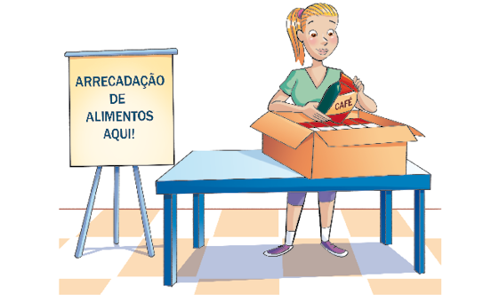 Imagem: Ilustração. À esquerda, um cartaz com a informação: ARRECADAÇÃO DE ALIMENTOS AQUI! À direita, uma mulher loira está segurando um pacote de café sobre uma caixa com mais pacotes dentro. Fim da imagem.