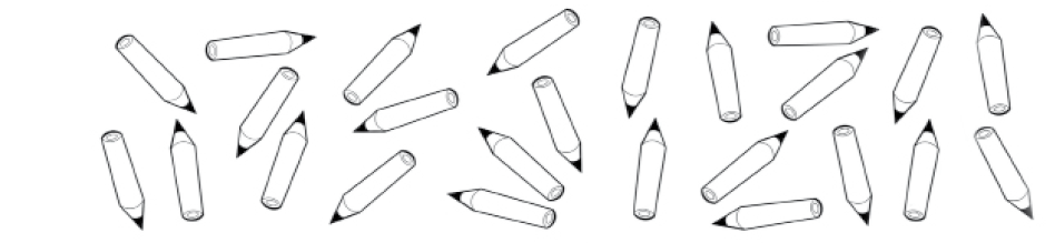 Imagem: Ilustração em preto e branco. Vinte e cinco lápis espalhados. Fim da imagem.
