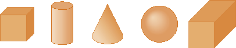 Imagem: Ilustração. Um cubo, um cilindro, um cone, uma esfera e um paralelepípedo.  Fim da imagem.