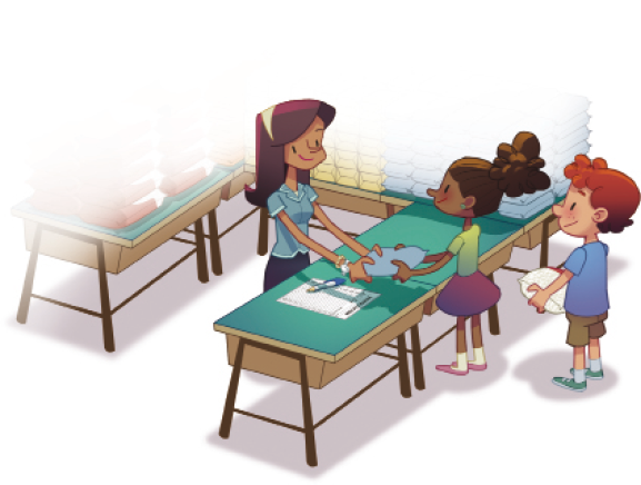 Imagem: Ilustração. Uma menina está sorrindo e entregando um pacote azul para uma mulher, que está atrás de uma mesa. Entre elas há uma prancheta e um lápis sobre a mesa. Atrás da menina, um menino está sorrindo e segurando um pacote. Ao fundo, vários pacotes empilhados. Fim da imagem.