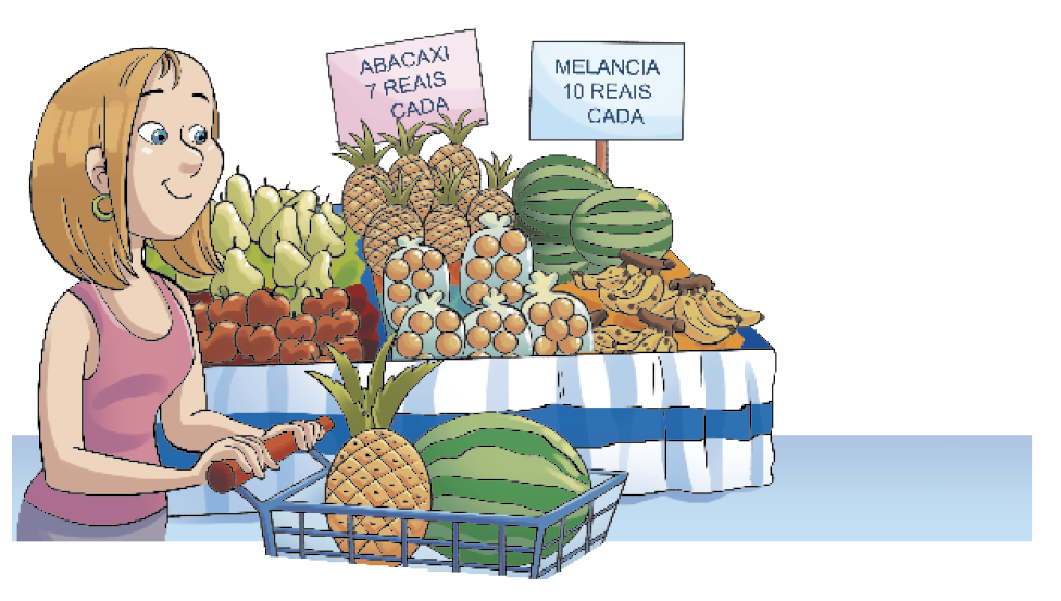 Imagem: Ilustração. Regina, mulher loira com regata rosa está sorrindo e empurrando um carrinho de compras com um abacaxi e uma melancia dentro. Atrás dela há uma mesa com frutas e duas placas com as informações: ABACAXI – 7 REAIS CADA; MELANCIA – 10 REAIS CADA. Fim da imagem.