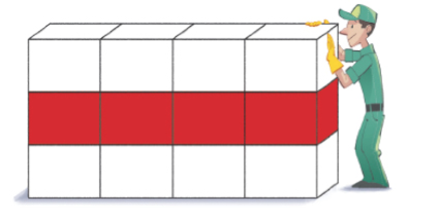 Imagem: Ilustração. Um homem com boné e uniforme verdes e luvas amarelas está com as mãos sobre caixas empilhadas. Há quatro fileiras de caixas com três em cada uma. Na parte superior há caixas brancas, no centro, caixas vermelhas e na parte inferior, caixas brancas. Fim da imagem.