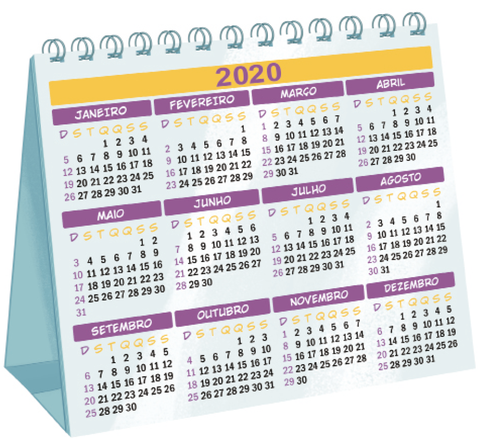 Imagem: Ilustração. Calendário com as informações: 2020.  JANEIRO: Dia 1º - quarta-feira; Dia 31 – sexta-feira.  FEVEREIRO: Dia 1º - sábado; Dia 29 – sábado.  MARÇO: Dia 1º - domingo; Dia 31 – terça-feira.  ABRIL: Dia 1º - quarta-feira; Dia 30 – quinta-feira. MAIO: Dia 1º - sexta-feira; Dia 31 – domingo.  JUNHO: Dia 1º - segunda-feira; Dia 30 – terça-feira. JULHO: Dia 1º - quarta-feira; Dia 31 – sexta-feira. AGOSTO: Dia 1º - sábado; Dia 31 – segunda-feira. SETEMBRO: Dia 1º - terça-feira; Dia 30 – quarta-feira. OUTUBRO: Dia 1º - quinta-feira; Dia 31 – sábado.  NOVEMBRO: Dia 1º - domingo; Dia 30 – segunda-feira.  DEZEMBRO: Dia 1º - terça-feira; Dia 31 – quinta-feira.  Fim da imagem.