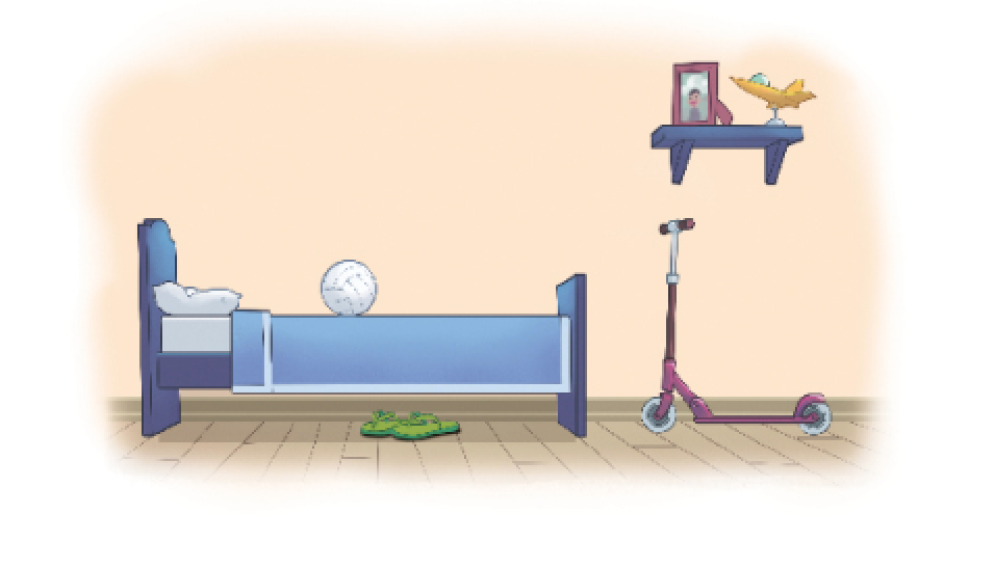 Imagem: Ilustração. À esquerda há uma bola de vôlei sobre uma cama. Abaixo da cama há um par de chinelos verdes. À direita, um porta-retrato e um avião sobre uma prateleira. Abaixo, um patinete. Fim da imagem.