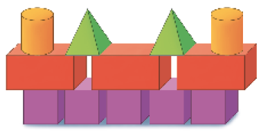 Imagem: Ilustração 3. Peças coloridas com formatos geométricos empilhados. De baixo para cima: cinco cubos, três paralelepípedos, duas pirâmides e dois cilindros. Fim da imagem.