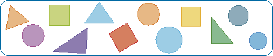 Imagem: Ilustração. Figuras geométricas coloridas: triângulo laranja, círculo roxo, quadrado verde, triângulo roxo, triângulo azul, quadrado laranja, círculo laranja, círculo azul, quadrado amarelo, triângulo verde, círculo azul e círculo azul. Fim da imagem.