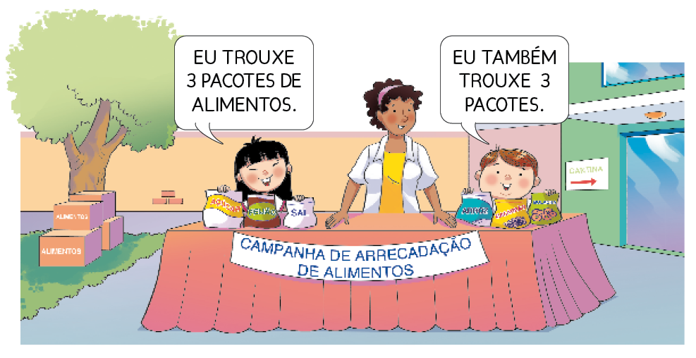 Imagem: Ilustração. No centro há uma mesa grande com toalha rosa e uma faixa com a informação: CAMPANHA DE ARRECADAÇÃO DE ALIMENTOS. Atrás da mesa, uma menina oriental sorri com as mãos sobre três pacotes e fala: EU TROUXE 3 PACOTES DE ALIMENTOS. Ao lado, um menino sorri com as mãos sobre três pacotes e diz: EU TAMBÉM TROUXE 3 PACOTES. Entre eles, uma mulher com avental branco sorri. Ao fundo, caixas empilhadas, árvores e um prédio. Fim da imagem.