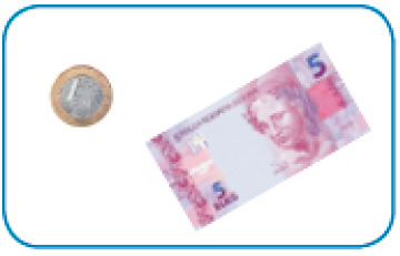 Imagem: Fotografia 6. Uma cédula de cinco reais e uma moeda de um real. Fim da imagem.