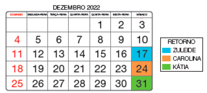 Imagem: Ilustração. Calendário com as informações: DEZEMBRO 2022.  RETORNO:  ZULEIDE: 17 de dezembro (sábado);  CAROLINA: 24 de dezembro (sábado);  KÁTIA: 31 de dezembro (sábado).   Fim da imagem.