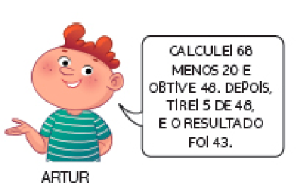 Imagem: Ilustração. Artur, menino ruivo com sardas e camiseta listrada. Ele está com a mão esquerda atrás das costas e a direita virada para cima. Ele sorri e fala: CALCULEI 68 MENOS 20 E OBTIVE 48. DEPOIS, TIREI 5 DE 48, E O RESULTADO FOI 43. Fim da imagem.