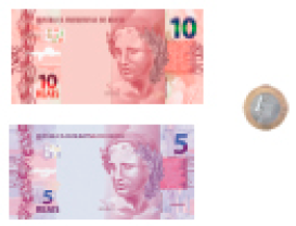 Fotografia. Uma cédula de dez reais, uma cédula de cinco reais e uma moeda de um real.