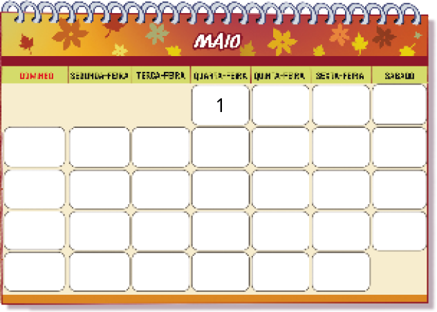 Imagem: Ilustração. Calendário de Maio. O dia 1º cai na quarta-feira e os outros dias estão em branco.  Fim da imagem.