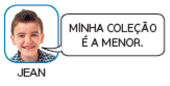 Imagem: Fotografia. Jean, menino com cabelo curto e camisa xadrez. Ele sorri e diz: MINHA COLEÇÃO É A MENOR. Fim da imagem.