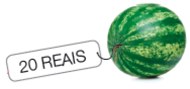 Imagem: Fotografia. Uma melancia com uma etiqueta de 20 reais.  Fim da imagem.