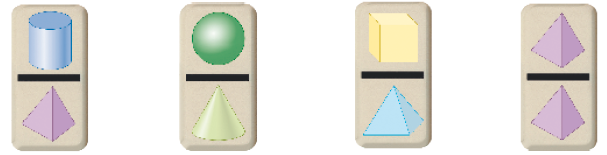 Imagem: Ilustração. Peças de dominó da esquerda para a direita: peça com uma cilindro e uma pirâmide; peça com uma esfera e um cone; peça com um cubo e uma pirâmide; peça com duas pirâmides. Fim da imagem.