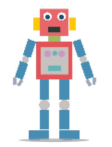 Imagem: Ilustração. Um robô composto por figuras geométricas coloridas. A cabeça é um quadrado, os olhos dois círculos, as orelhas e a boca são retângulos, os braços, pernas, pés e mãos são retângulos, as juntas são círculos, o corpo é um quadrado grande. Fim da imagem.