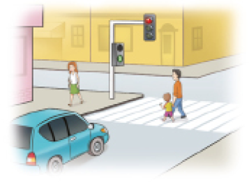 Imagem: Ilustração. Um homem está segurando a mão de um menino e eles estão andando sobre uma faixa de pedestres. Ao lado há um carro parado, acima deles, um farol com a luz vermelha acesa e na frente, um farol de pedestres com a luz verde acesa. Do outro lado há uma mulher andando na calçada e ao fundo, prédios. Fim da imagem.