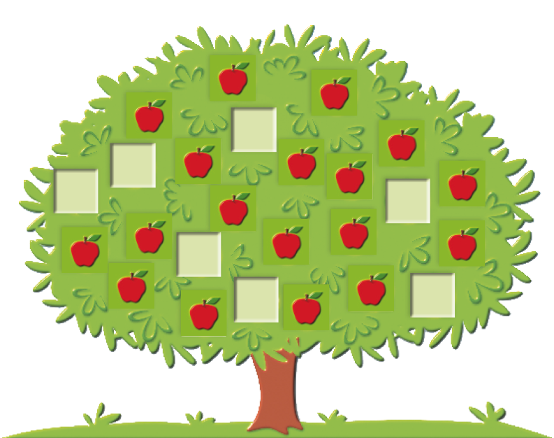 Imagem: Ilustração. Uma árvore grande e entre as folhas há dezoito maçãs e sete quadrados em branco. Fim da imagem.