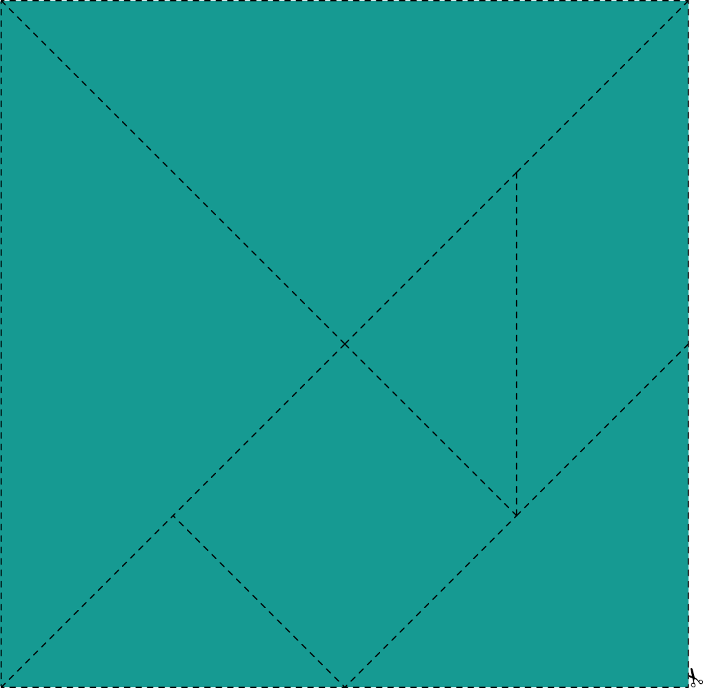 Imagem: Ilustração. Figuras geométricas verdes formando um quadrado. Em volta há linhas pontilhadas para recortar. Fim da imagem.