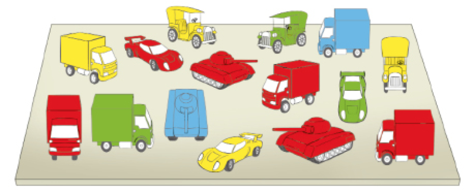 Imagem: Ilustração. Vários veículos coloridos sobre uma superfície.  Vermelho: três caminhões, um carro moderno e dois tanques.  Verde: um caminhão, um carro antigo e um carro moderno.  Amarelo: um caminhão, dois carros antigos e um carro moderno.  Azul: um caminhão e um tanque.  Fim da imagem.