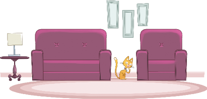 Imagem: Ilustração. Um gato amarelo está parado entre um sofá e uma poltrona. Ao lado há um abajur sobre uma mesa. Fim da imagem.