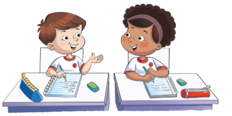 Imagem: Ilustração. Um menino e uma menina com camiseta branca estão sentados em carteiras escolares, segurando lápis sobre um caderno, se entreolhando e sorrindo. Na frente deles há materiais escolares sobre a mesa. Fim da imagem.