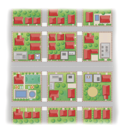 Imagem: Ilustração. Vista de cima de um bairro com quatro fileiras de quarteirões. Da esquerda para a direita:  Fileira 1: quarteirões com casas e árvores;  Fileira 2: mercado; casas; padaria;  Fileira 3: clube; casas; escola;  Fileira 4: casas; casa de Joana; mais casas.  RESPOSTA: Há uma linha tracejada entre o mercado e a escola; uma linha entre a padaria e o clube e uma linha pontilhada entre o clube e a casa de Joana.  Fim da imagem.