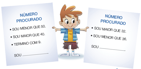 Imagem: Ilustração. No centro, um menino ruivo está sorrindo e segurando dois papéis. À esquerda, a informação:  NÚMERO PROCURADO.  • SOU MENOR QUE 50.  • SOU MAIOR QUE 40.  • TERMINO COM 9.  SOU espaço para resposta.  À direita, a informação:  NÚMERO PROCURADO.  • SOU MAIOR QUE 32.  • SOU MENOR QUE 36.  SOU espaço para resposta.   Fim da imagem.