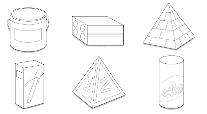 Imagem: Ilustração em preto e branco. Uma lata de tinta cilíndrica, um tijolo retangular, uma pirâmide, uma caixa retangular, uma pirâmide com os números 1 e 2 e uma embalagem com formato cilíndrico. Fim da imagem.