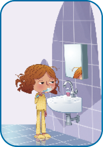 Imagem: Ilustração. A menina está com os olhos semicerrados e escovando os dentes. Na frente dela há uma pia e um espelho.   Fim da imagem.