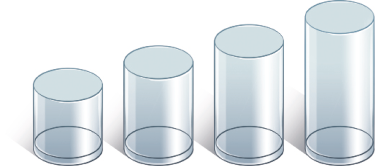 Imagem: Ilustração. Quatro copos lado a lado. À esquerda, um copo pequeno e um copo médio. À direita, um copo grande e um copo muito grande.  Fim da imagem.