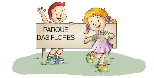 Imagem: Ilustração. Uma placa de madeira com a informação: PARQUE DAS FLORES. Na frente da placa, uma menina loira com macacão rosa está sorrindo. Atrás da placa, um menino ruivo com camiseta vermelha está sorrindo e acenando.  Fim da imagem.