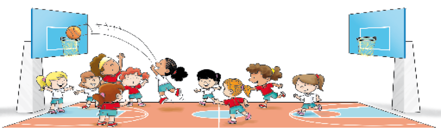 Imagem: Ilustração. Crianças jogando basquete em uma quadra. Um time está com camiseta vermelha e o outro com camiseta branca.  Fim da imagem.