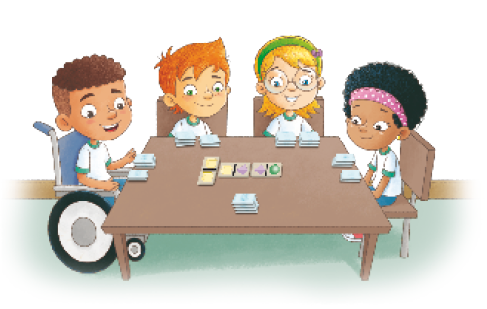 Imagem: Ilustração. Quatro crianças estão sentadas em volta de uma mesa. Na frente de cada uma há dois montinhos de peças e no centro há peças viradas para cima. Fim da imagem.