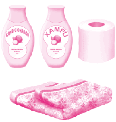 Imagem: Ilustração. Um frasco de xampu, um frasco de condicionador, um rolo de papel higiênico e uma toalha florida. Fim da imagem.