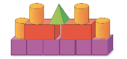 Imagem: Ilustração 1. Peças coloridas com formatos geométricos empilhados. De baixo para cima: seis cubos, dois paralelepípedos, quatro cilindros e uma pirâmide. Fim da imagem.