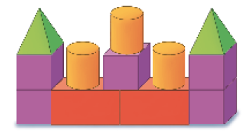 Imagem: Ilustração 2. Peças coloridas com formatos geométricos empilhados. De baixo para cima: dois paralelepípedos, cincos cubos, três cilindros e duas pirâmides. Fim da imagem.