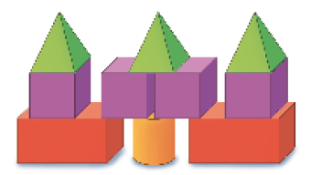 Imagem: Ilustração 4. Peças coloridas com formatos geométricos empilhados. De baixo para cima: dois paralelepípedos, um cilindro, quatro cubos e três pirâmides. Fim da imagem.