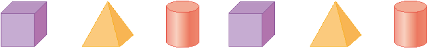 Imagem: Ilustração. Peças coloridas com formatos geométricos: um cubo, uma pirâmide, um cilindro, um cubo, uma pirâmide e um cilindro. Fim da imagem.