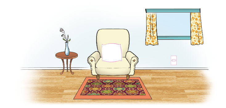Imagem: Ilustração. No centro, contorno de uma almofada em uma poltrona bege sobre um tapete florido. À esquerda, um vaso com flor sobre uma mesinha. À direita, uma janela com cortinas floridas e abaixo, contorno de uma tomada.  Fim da imagem.