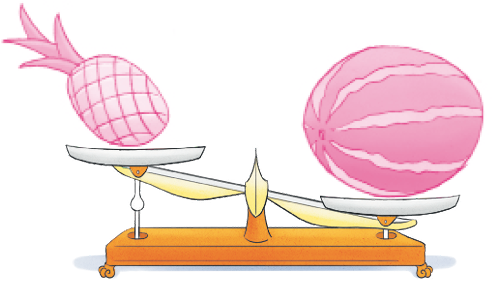 Imagem: Ilustração. Uma balança de pratos inclinada para a direita. Resposta: no prato à esquerda, um abacaxi e no prato à direita, uma melancia. Fim da imagem.