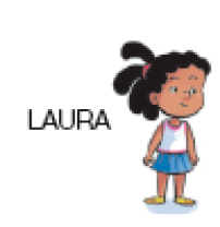 Imagem: Ilustração. Laura, menina com cabelo encaracolado e preso, regata branca, saia azul e sapato amarelo.   Fim da imagem.