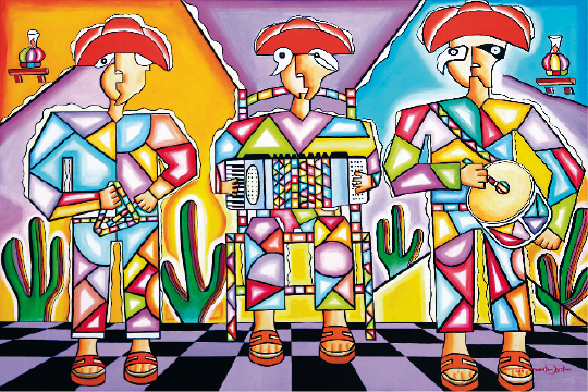 Imagem: Pintura. Três pessoas com chapéus estão segurando instrumentos musicais. Os corpos são compostos por figuras geométricas coloridas. Ao fundo, cactos e balões coloridos. Fim da imagem.