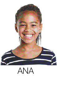 Imagem: Fotografia. Ana, menina negra com cabelo preso e camiseta listrada.  Fim da imagem.