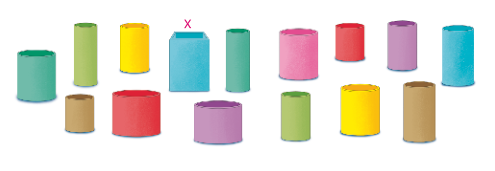 Imagem: Ilustração. Quinze copos cilíndricos e coloridos com tamanhos diversos. Entre eles há um copo quadrado e azul com um X acima. Fim da imagem.