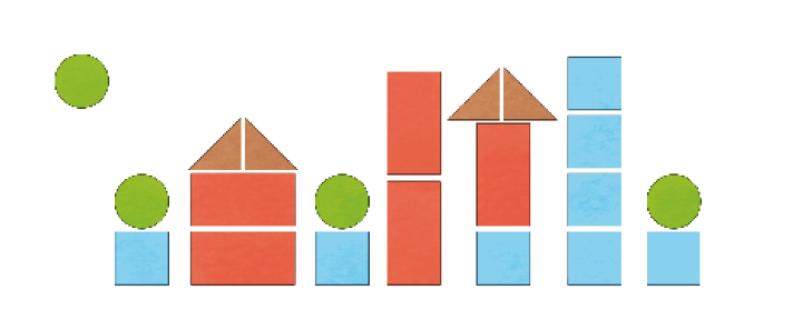 Imagem: Ilustração. Figuras geométricas coloridas e empilhadas: oito quadrados, cinco retângulos, quatro triângulos e quatro círculos. Fim da imagem.