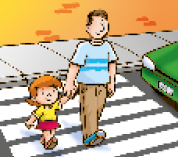 Imagem: Ilustração 2. Um homem está segurando a mão de um menino e eles estão andando sobre uma faixa de pedestres. Ao lado há um carro parado.  Fim da imagem.
